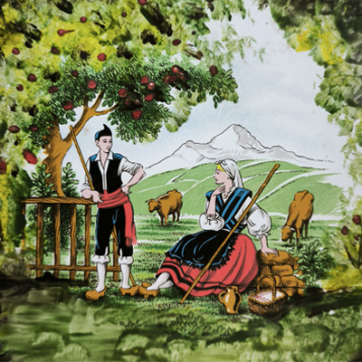 Imagen azulejo pareja asturianos campo 15x15cm. 
