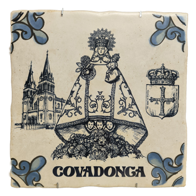 Imagen azulejo porcelana Virgen de Covadonga con bas&iacute;lica 20x20 cm.