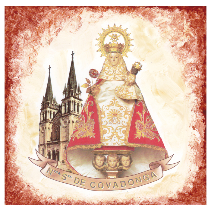 Imagen azulejo porcelana Virgen de Covadonga con basílica 15 x 15 cm.