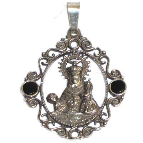  Medalla Virgen Covadonga 2piedras azabache y plata filigrana 