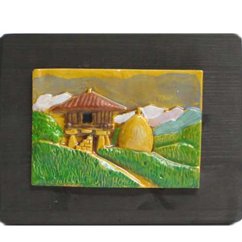 Imagen cuadro paisaje asturiano con hórreo en cerámica sobre madera 