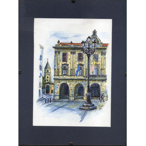Imagen cuadro cristal y grapas de plumilla acuarela color ayuntamiento de Gijón