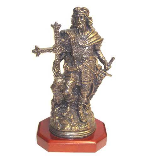Imagen figura Rey Don Pelayo pintado imitación a bronce con peana de madera