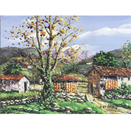 Imagen  oleos originales 21 x 15 Millan - paisajes asturianos casas con maiz