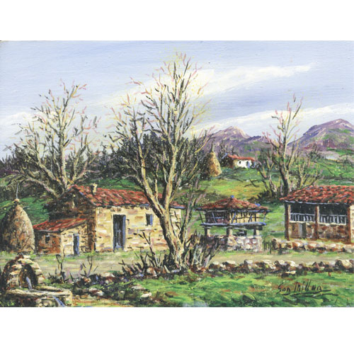 Imagen  oleos originales 21 x 15 Millan - paisajes asturianos casas otoño