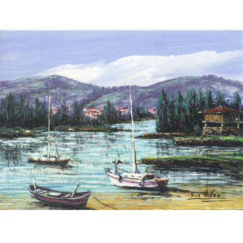 Imagen  oleos originales 21 x 15 Millan - paisajes asturianos con barcos