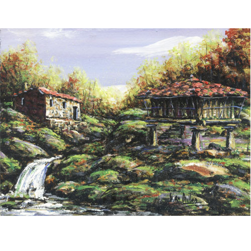 Imagen  oleos originales 21 x 15 Millan - paisajes asturianos con río y hórreo