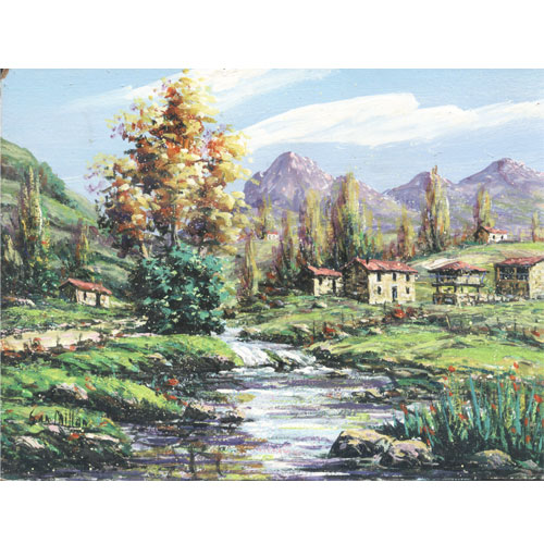 Imagen  oleos originales 21 x 15 Millan - paisajes asturianos con río y casas