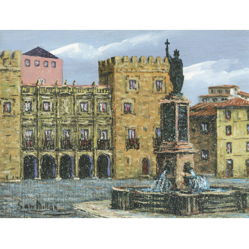  Oleo original Millan Plaza del Rey Pelayo en Gijón
