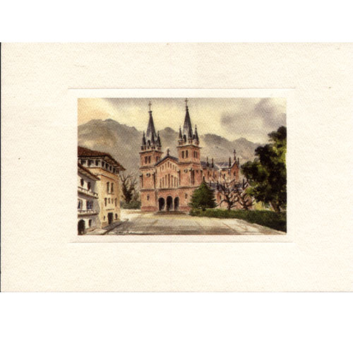 Imagen acuarela color 17 x 12 de la Bas&iacute;lica de Covadonga