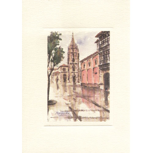 Imagen acuarela color 17 x 12 de la Catedral de Oviedo