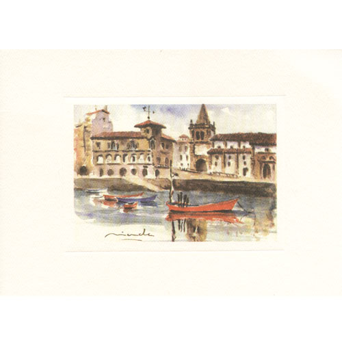 Imagen acuarela color 17 x 12 de Colegiata y muelle de Gijón