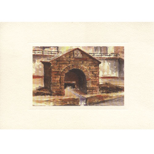 Imagen acuarela color 17 x 12 de la fuente de Foncalada de Oviedo