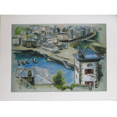 Imagen litografía pastel acuarela grande de Luarca vista desde arriba