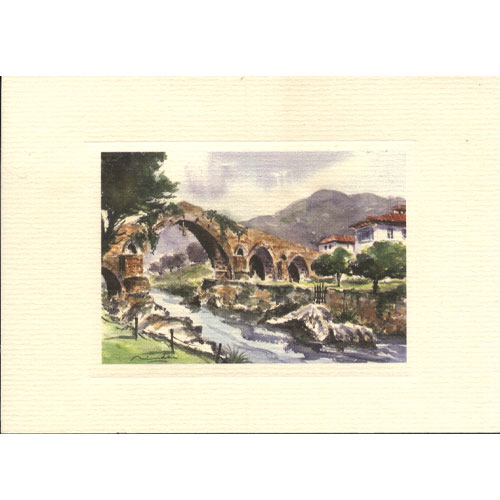 Imagen acuarela color 17 x 12 del puente Romano de Cangas de On&iacute;s