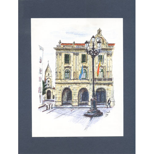 Imagen plumilla pastel acuarela ayuntamiento de Gijón