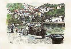  Imagen plumillas acuarela color pintada a mano Cudillero vista desde puerto