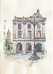  Imagen plumillas acuarela color pintada a mano del ayuntamiento de Gijón