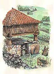  Imagen plumillas acuarela color pintada a mano hórreo asturiano