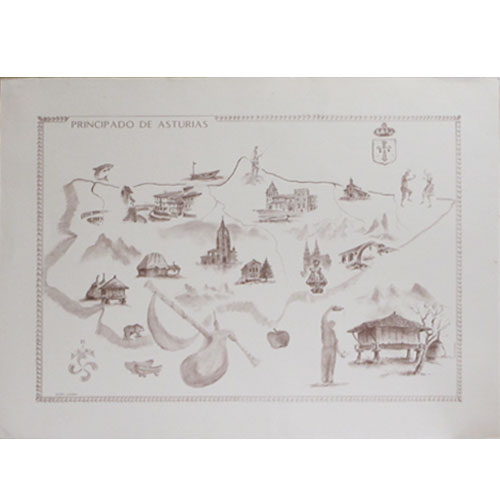 Imagen mapa carboncillo Asturias con motivos tradicionales 