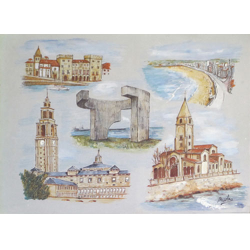 Imagen litografía color 50 x 35 de lugares de interes de Gijón
