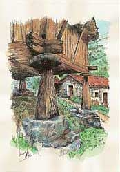  Imagen plumillas acuarela color pintada a mano hórreo asturiano