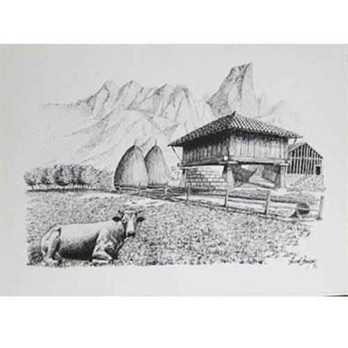 Imagen plumillas litografia paisaje hórreo y vaca 