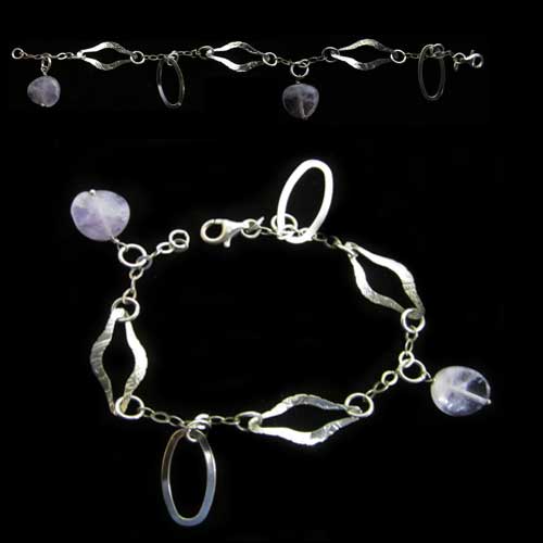 Imagen pulsera plata 3 argollas con piedras naturales color rosa
