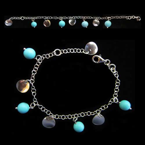 Imagen pulsera plata y una argolla con cadena diseño y piedras naturales color campagne