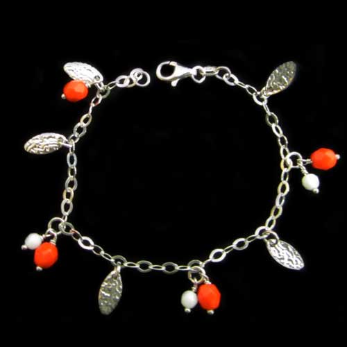 Imagen pulsera plata con piedras naturales rojas y blancas