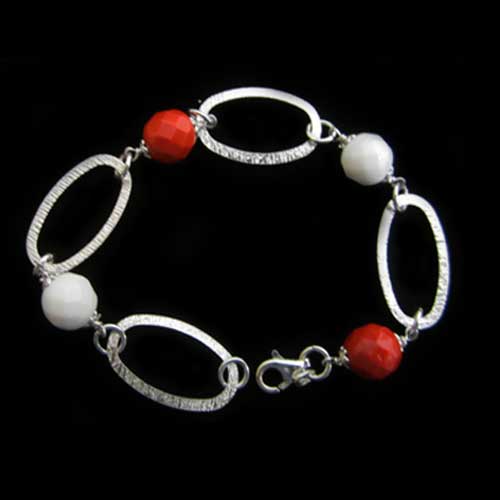 Imagen pulsera plata bola facetada blanca y roja
