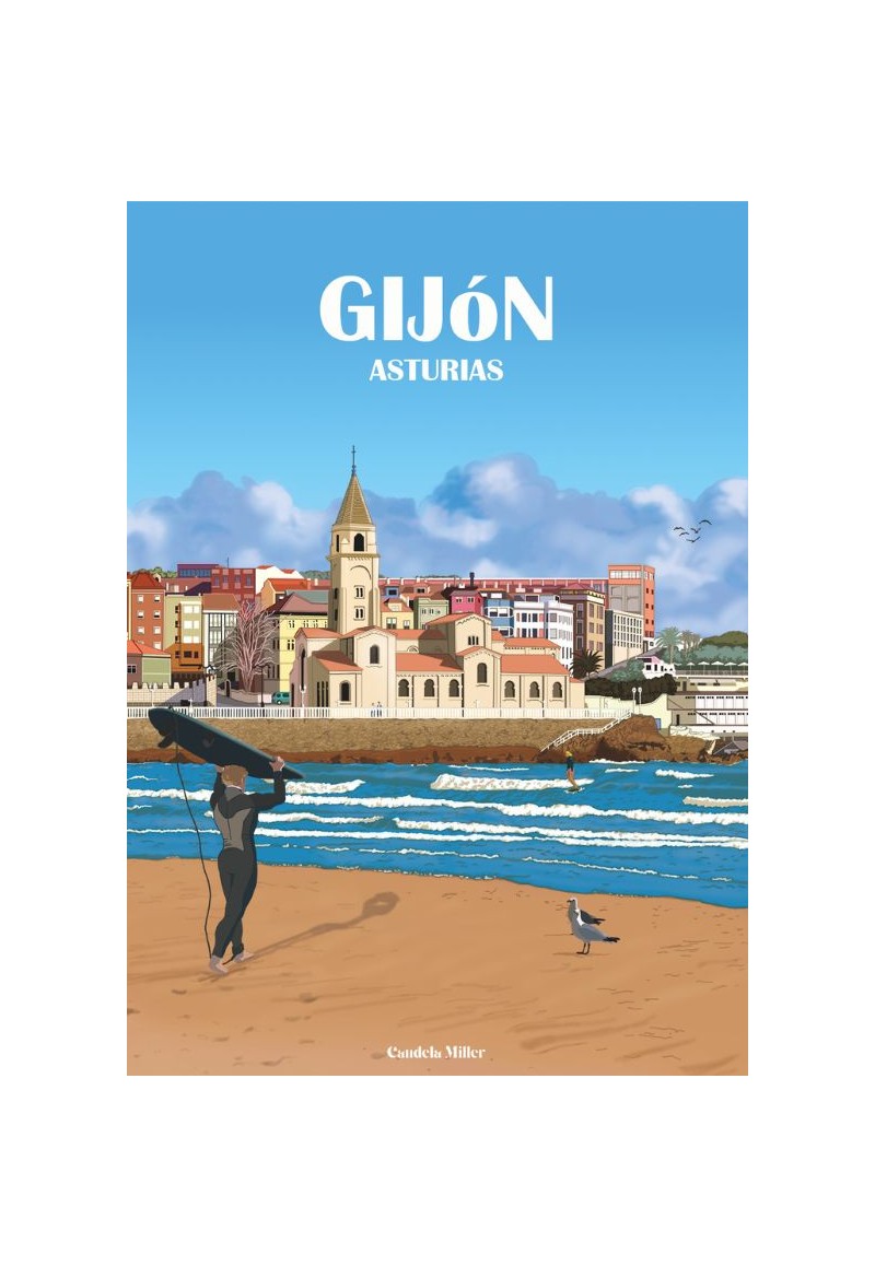 Postal Iglesia San Pedro Gijón Vista desde Playa San Lorenzo