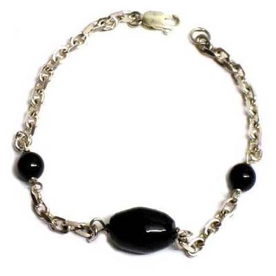  Pulsera plata y azabache bolas redondas y ovalada