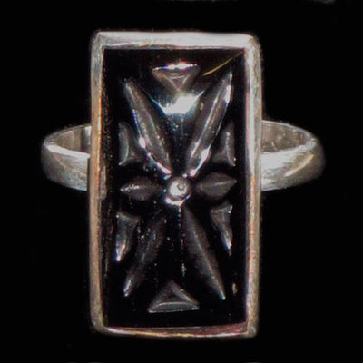  Anillo plata/azabache rectangular flor galana tallada