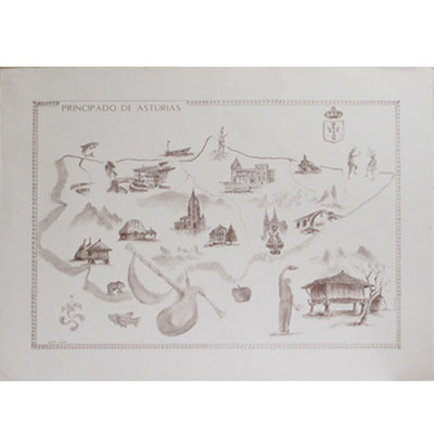 Mapa carboncillo Asturias con motivos tradicionales Mapa carboncillo Asturias con motivos tradicionales