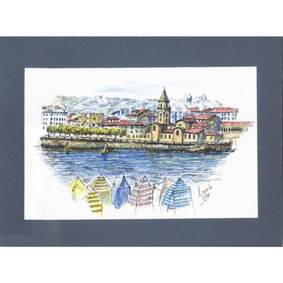 Gijon plumilla - pastel acuarela original Gijon plumilla - pastel acuarela original