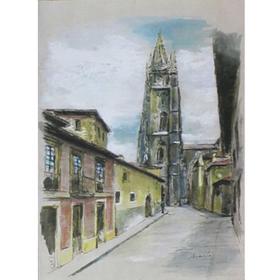 Catedral Oviedo litografÃa - pastel y acuarela Catedral Oviedo litografÃa - pastel y acuarela