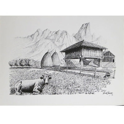 Plumillas litografia -paisaje hórreo y vaca Plumillas litografia -paisaje hórreo y vaca