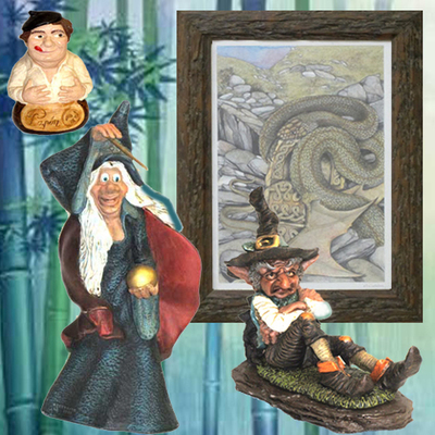 Cuadro Cuelebre, Bruja barita magica, Duende Chaman y Papon