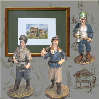 Cuadro acuarela y figuras mineros