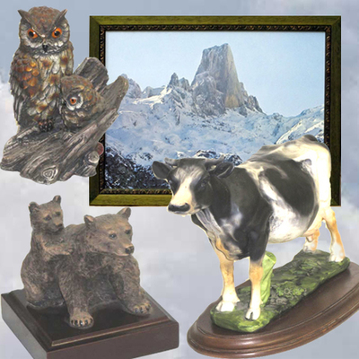 Cuadro Picu Urriellu, Vaca carreña, Buho con cria y Oso con cria