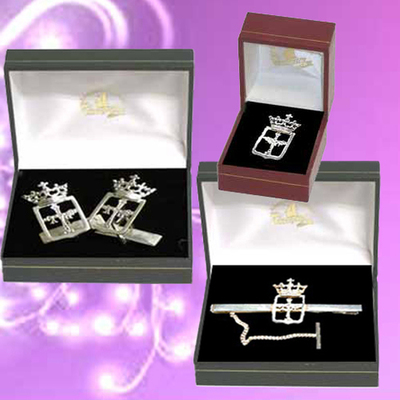 Pisacorbatas, gemelos y pin con el escudo de Asturias plata