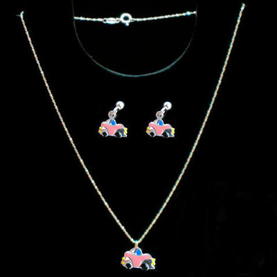 Conjuntos gargantilla/pendientes plata y esmalte rosa -coches