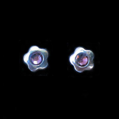 Pendientes plata presión circonita flor color violeta Pendientes plata presión circonita flor color violeta