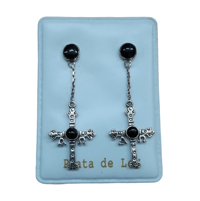 Pendientes plata y azabache cruz de la victoria. Presión/colgar. Mod.1  