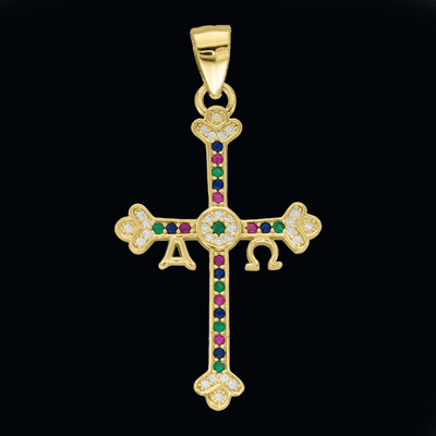 Cruz de la Victoria Baño chapado en oro circonitas colores