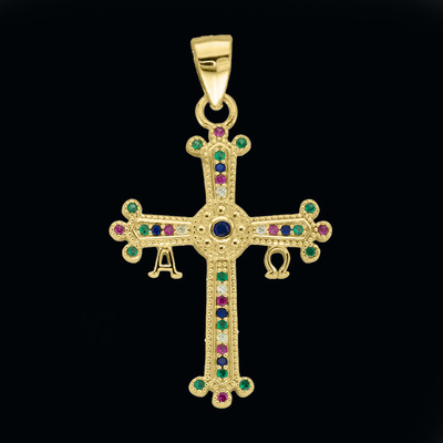 Cruz de Asturias Baño chapado en oro circonitas colores