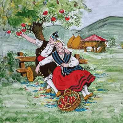Azulejo pareja asturianos con manzanas