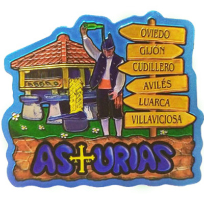 Imán metal asturiano escanciando con hórreo y Señales